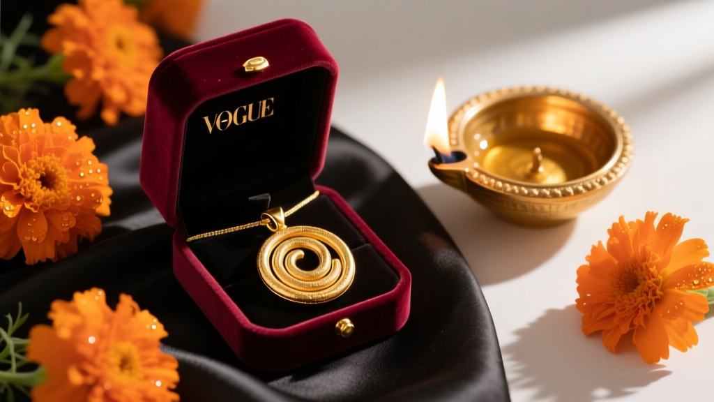 Open velvet box revealing a polished 22k gold jalebi pendant, placed next to a lit diya lamp and vibrant orange marigold flowers