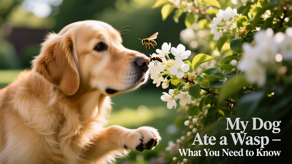 A curious dog sniffing near a flowering bush where wasps might be present