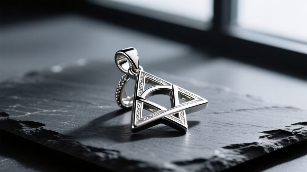 Macro photo of a sterling silver Triforce pendant on dark slate, dramatic side lighting highlighting polished metal texture.