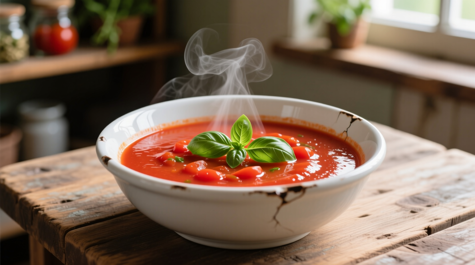 Vibrant red tomato basil soup in white ceramic bowl