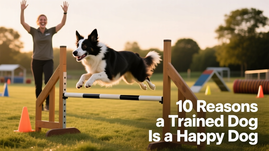 A focused dog leaping over an agility jump with their handler cheering nearby