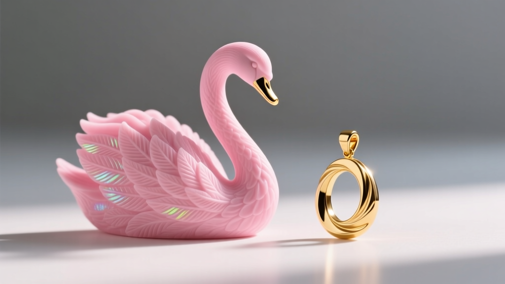 Pink 3D-printed castable resin swan model beside a finished gold pendant, showing high-resolution feather textures.