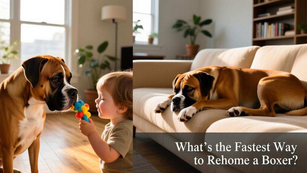 Side-by-side photos showing a Boxer playing gently with a child and resting peacefully on a sofa
