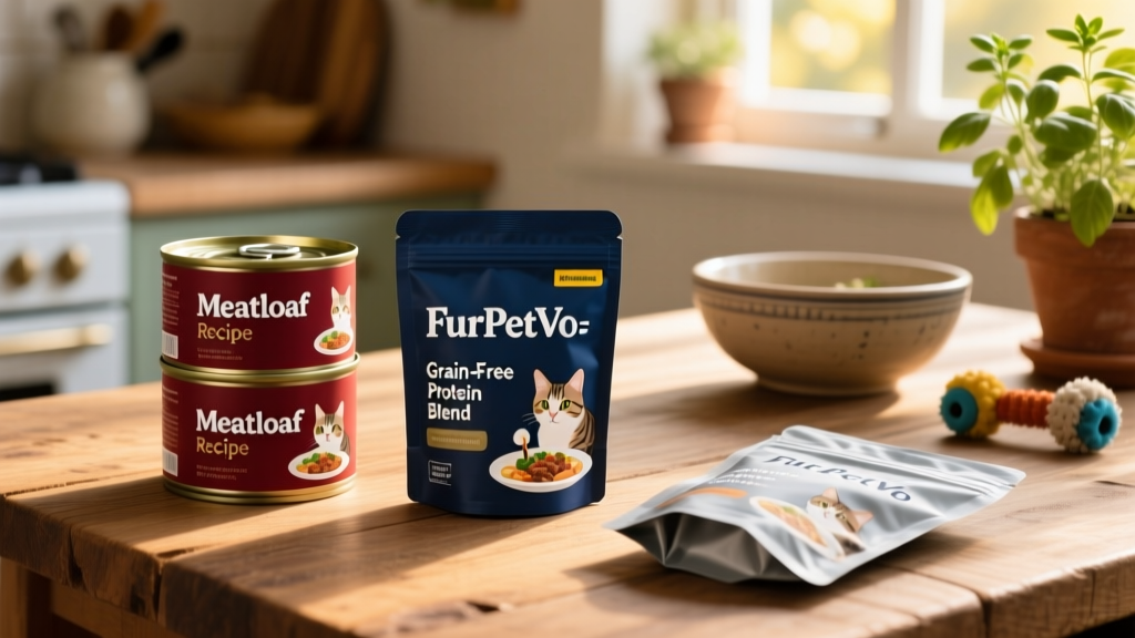 A selection of FurPetVo-branded cat food cans and pouches labeled 'Meatloaf Recipe' and 'Grain-Free Protein Blend'