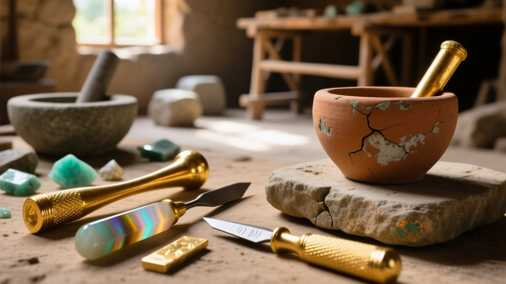 Close-up of ancient Mesoamerican goldsmith tools featuring polished agate burnishers and clay crucibles used in depletion gilding