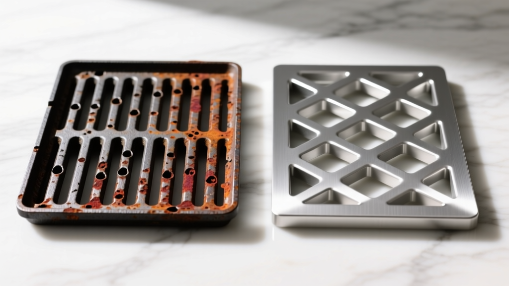 Side-by-side comparison of standard cast iron grill grates showing rust pitting versus pristine hard-anodized aluminum interlocking grates