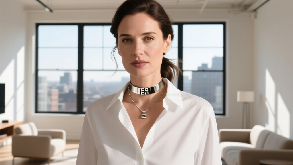 Woman wearing a Givenchy flex choker and pendant necklace over a white button shirt, captured in bright natural daylight