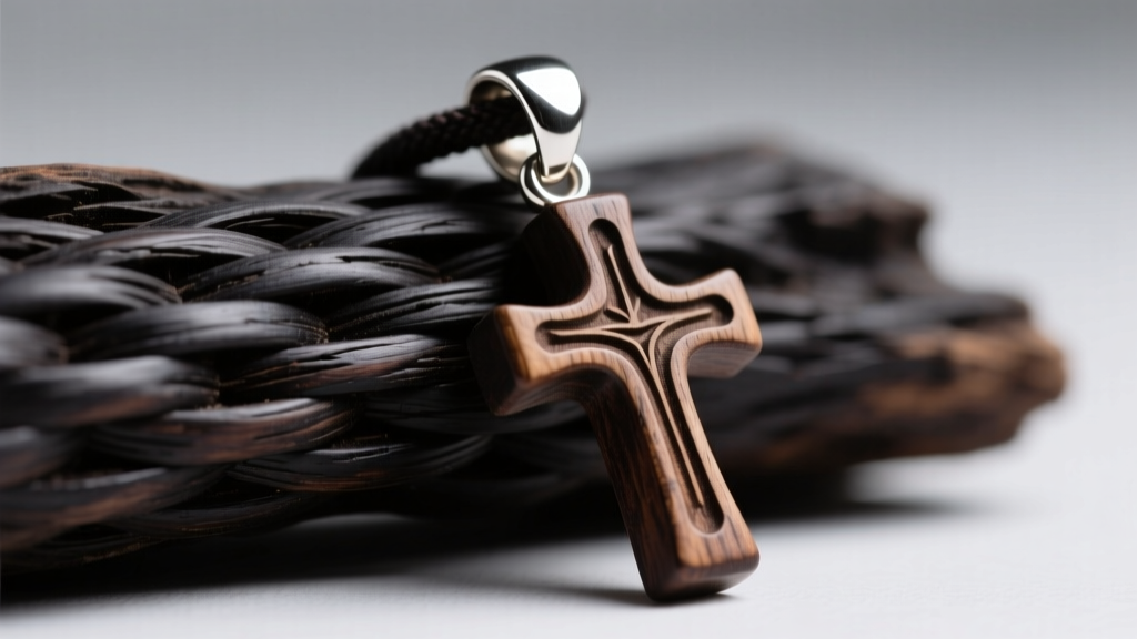 Macro shot of tight dark grain pattern on black sandalwood next to a sterling silver bail on a hand-carved wooden cross pendant.