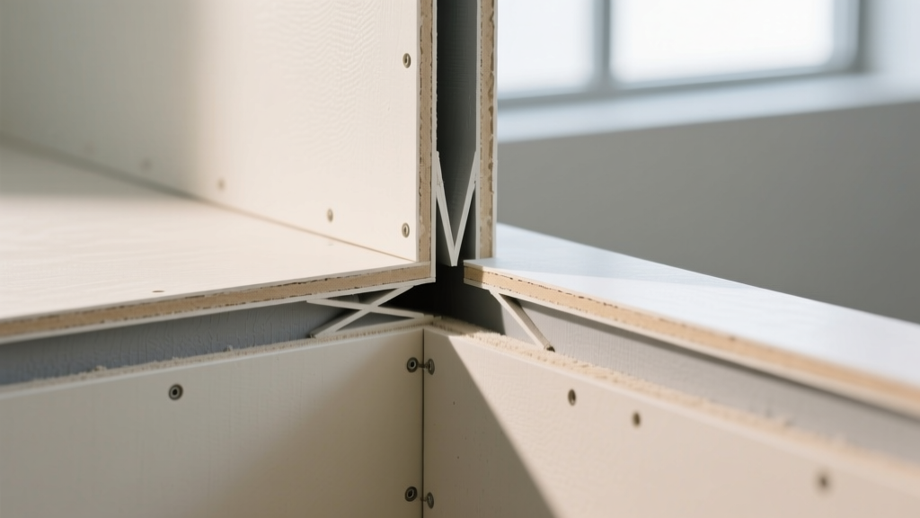 Close-up cross-section of a vinyl gypsum board control joint detail installed between two drywall panels with visible V-groove and flanges