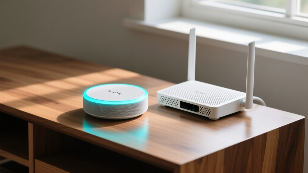 Close-up of the glowing LED ring on the SmartThings Hub V4 resting on a modern oak console table next to a mesh router