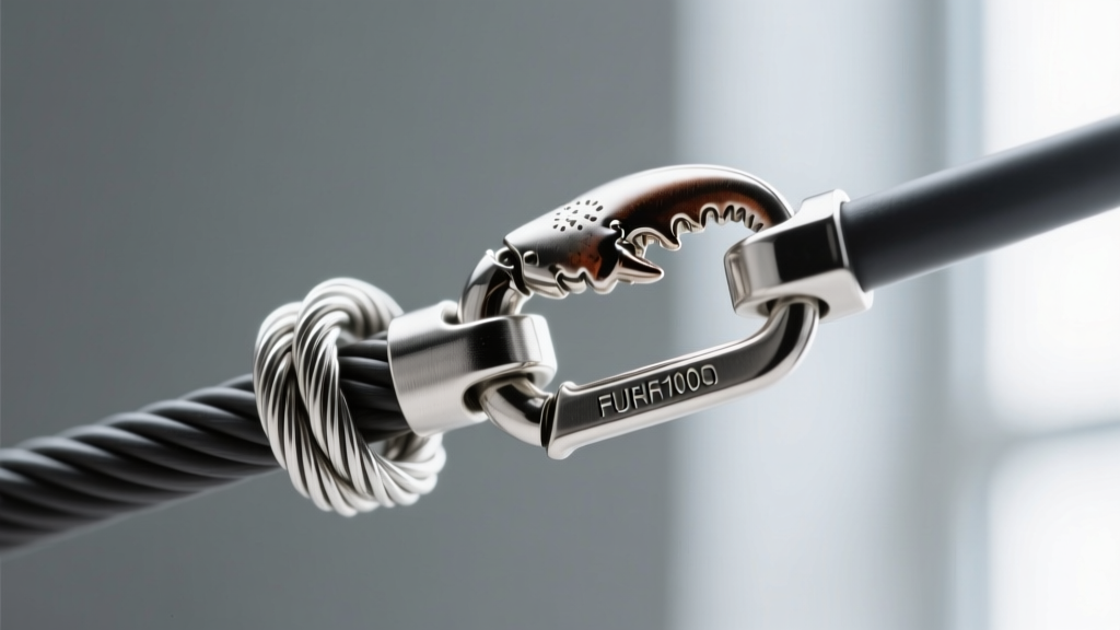 Macro photography of a sterling silver wire guardian loop protecting a nylon-coated cable wire connecting to a lobster claw clasp.