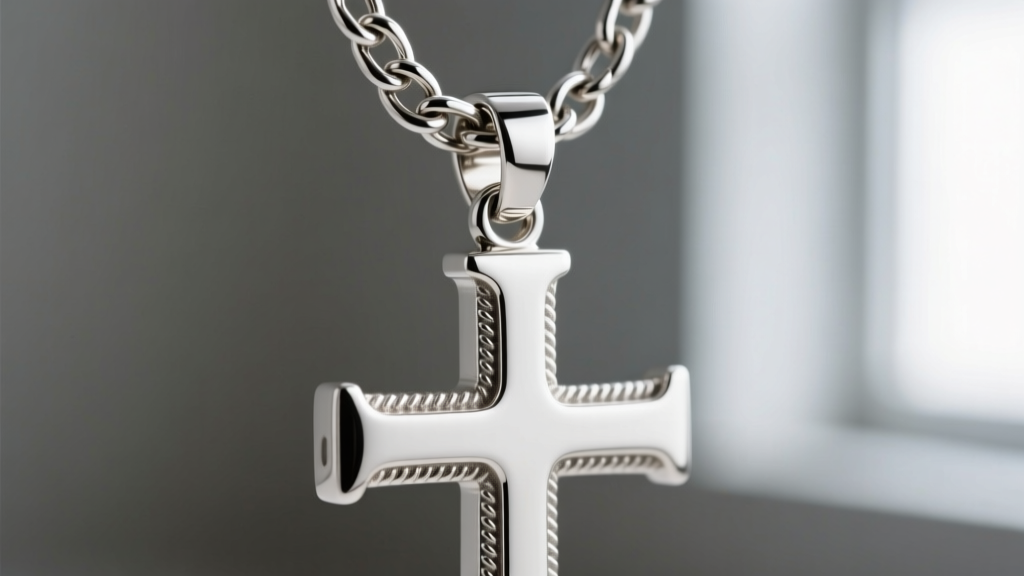 Macro shot of reinforced silver bail connecting thick curb chain to a large cross pendant, showing precise solder joints clearly