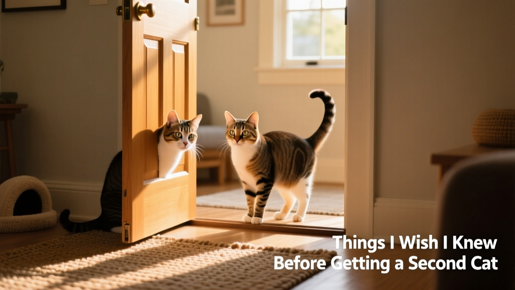 A cautious cat observing another cat from behind a partially open door during a slow introduction
