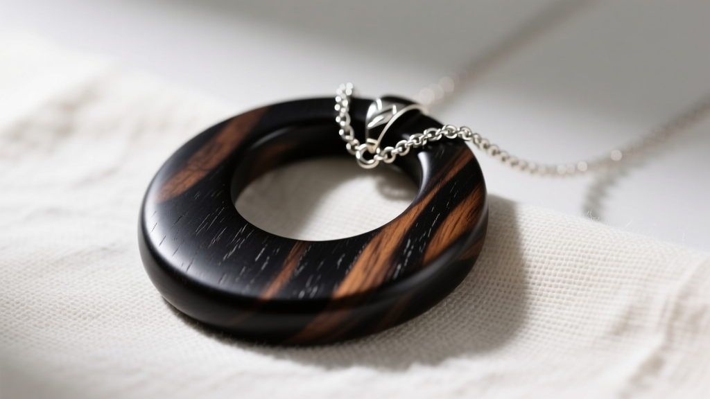 Polished ebony wooden disc necklace on raw linen, showing deep black grain and silver chain bail under soft natural light.