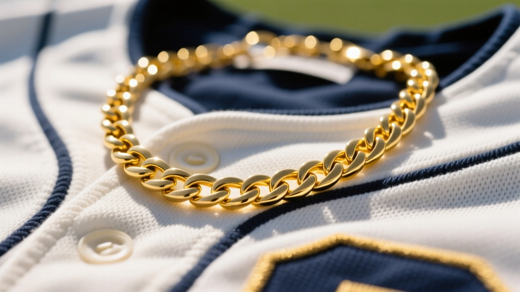 Close-up of a 5mm 14k yellow gold Cuban link necklace resting on a baseball uniform jersey, illuminated by bright stadium sunlight.