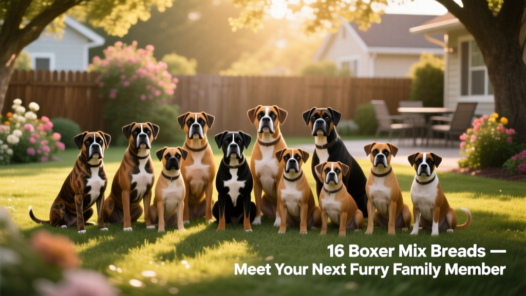 A group of diverse Boxer mixes sitting together on grass, showcasing different sizes, coat colors, and expressions