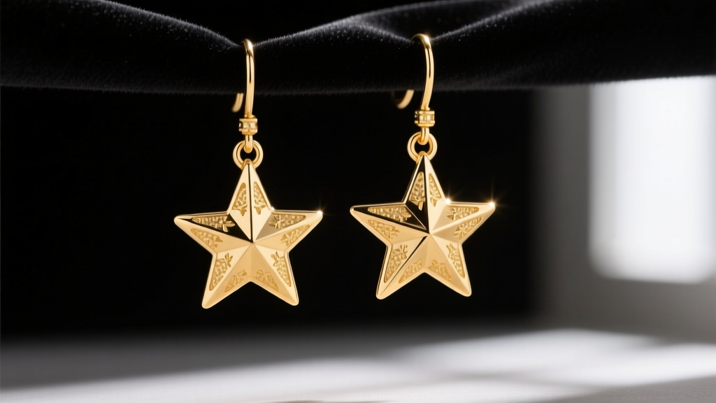 Macro shot of 14k gold vermeil dangling star earrings catching warm light, showing textured celestial points against dark velvet.