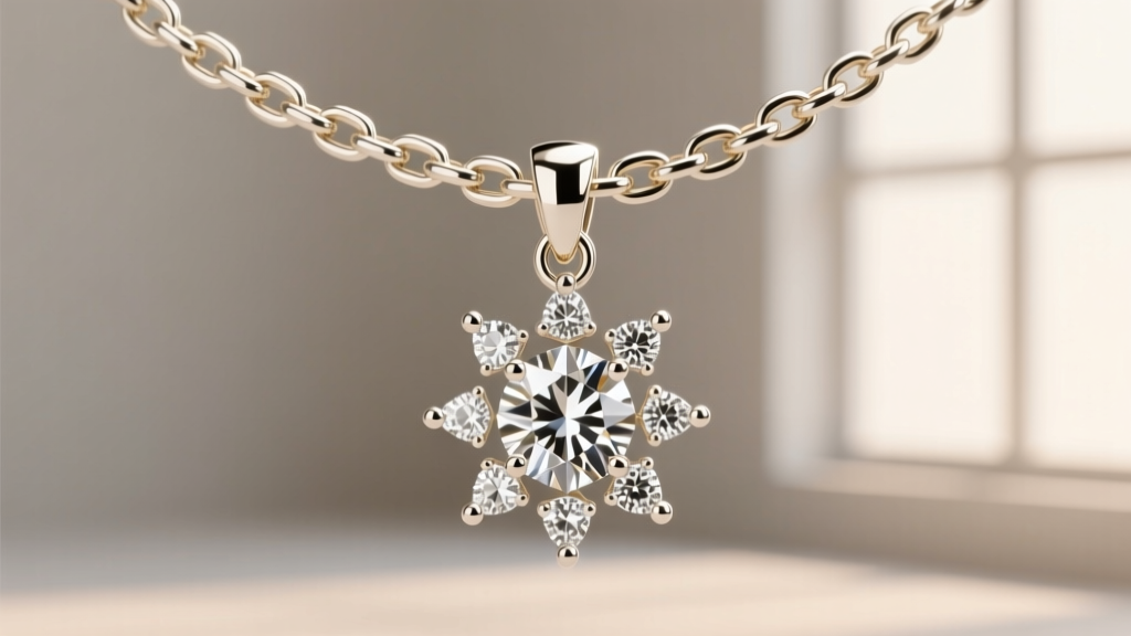 A 1.2mm white gold box chain threaded through the bail of a diamond starburst pendant, demonstrating proper clearance and fit.