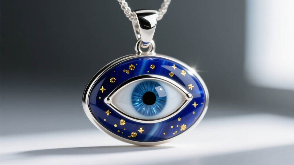 Macro shot of a lapis lazuli evil eye pendant in sterling silver showing natural pyrite flecks against dark blue vitreous enamel.