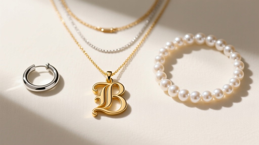 Flat lay of three layered necklaces with a central gold Old English initial pendant flanked by a simple hoop and a pearl choker