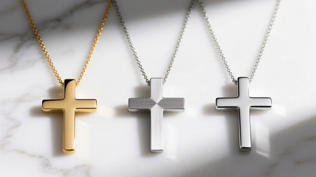 Flat lay of three upside down cross necklaces in polished 14k gold, brushed 316L steel, and 925 silver on a white marble surface
