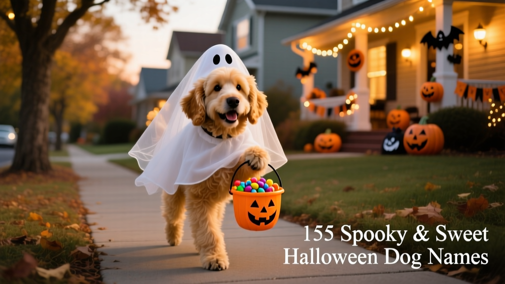 Goldendoodle wearing a friendly ghost costume while trick-or-treating