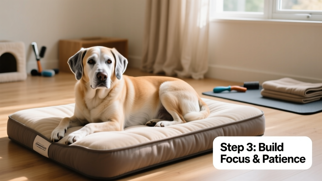 An older dog resting calmly on a soft orthopedic bed, looking relaxed and attentive