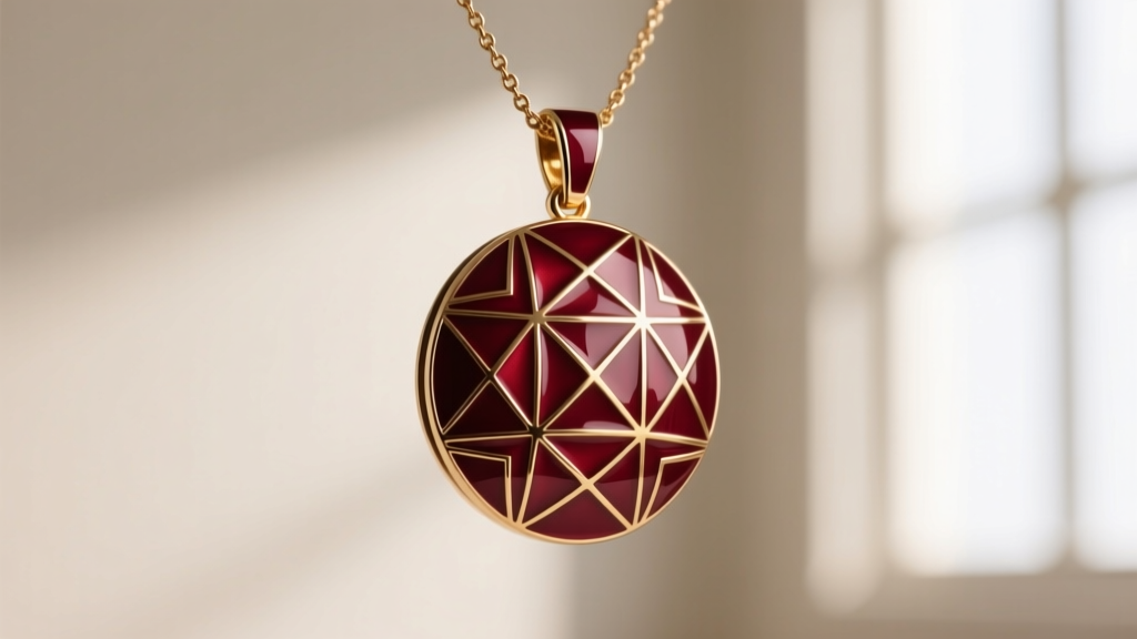Macro shot of a maroon guilloché enamel necklace pendant showing intricate engine-turned geometric patterns beneath a glossy finish