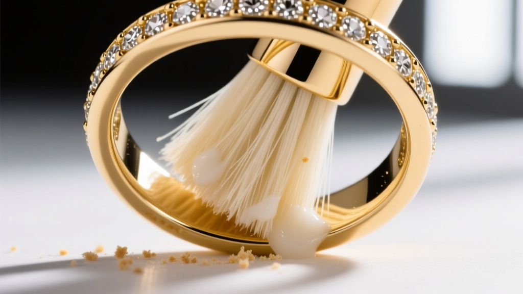 Close-up of a soft nylon brush scrubbing the underside of a gold pavé band, removing lotion from the gallery under bright light.