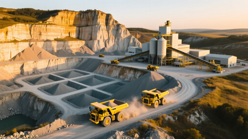 Aerial view of a massive limestone quarry with heavy yellow haul trucks transporting crushed aggregate near a cement plant