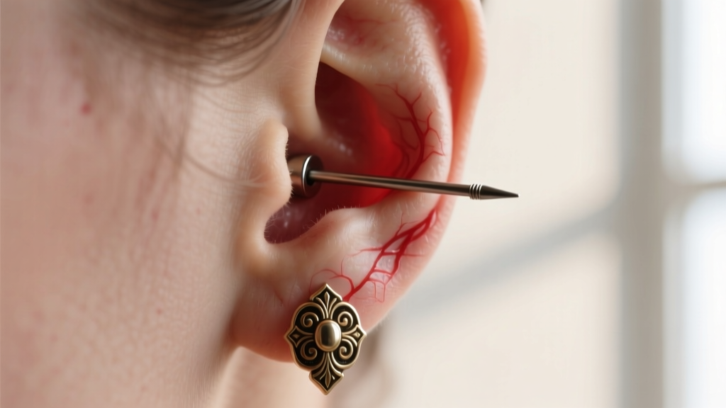 Diagram showing a heavy earring pulling downward on a 20-gauge earlobe fistula, highlighting tension points and tissue stress