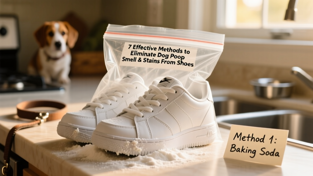 White sneakers partially buried in baking soda inside a clear plastic bag
