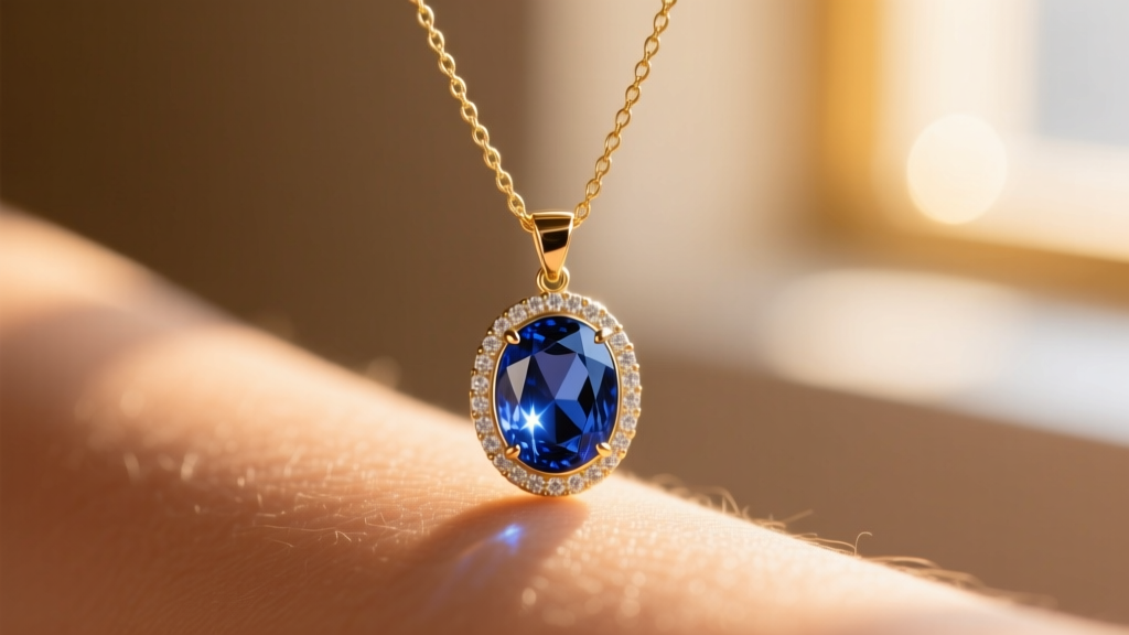 Macro shot of a bezel-set oval blue sapphire Virgo pendant on a 1.2mm gold cable chain against warm skin, blurred background.