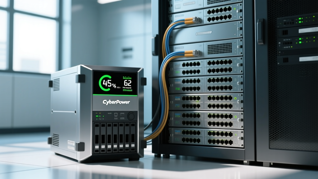 A CyberPower CP1500PFCLCD UPS digital display showing a 45 percent load and 62 minutes of estimated runtime next to a rackmounted server setup.