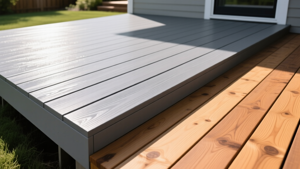 Close-up of modern gray composite decking boards installed next to natural cedar wood planks on a sunny residential backyard deck