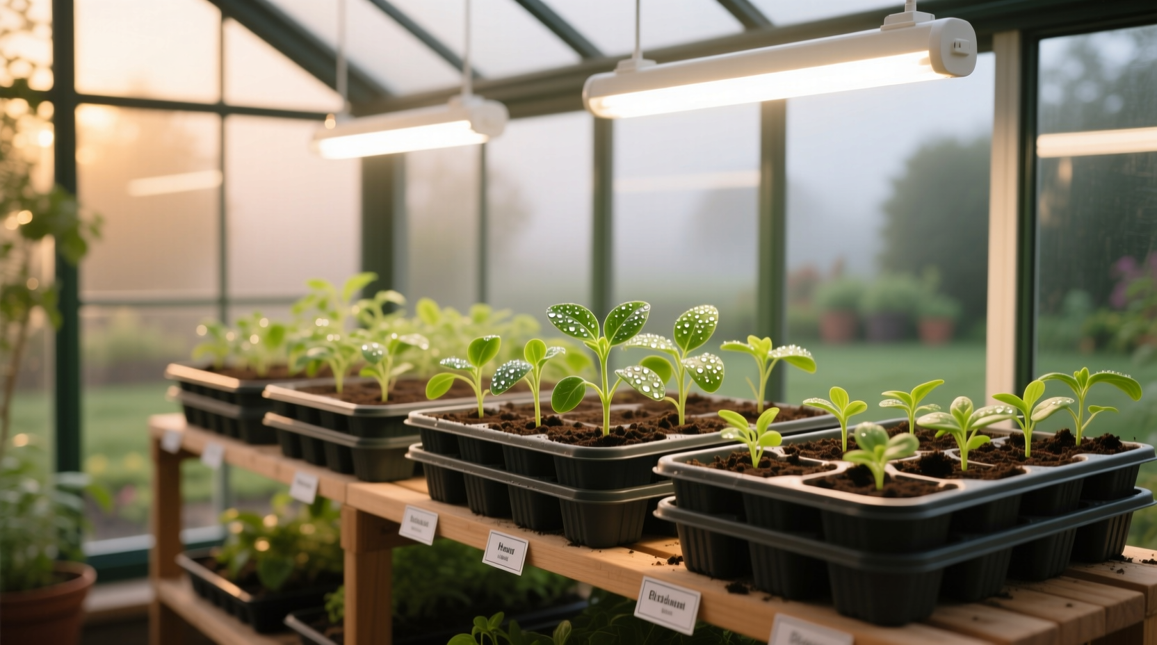 Seedling trays with grow lights in home greenhouse