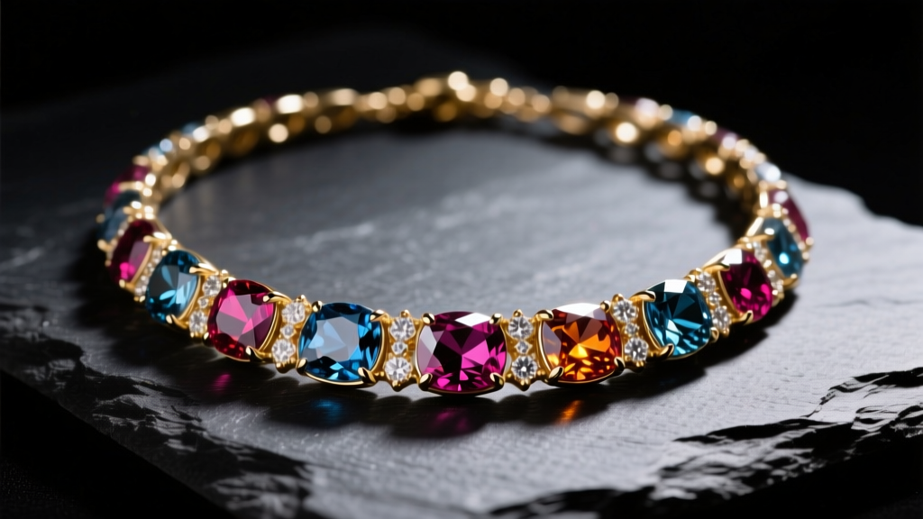 Macro shot of a vibrant gemstones necklace with faceted sapphires and rubies in 18k gold on dark slate under dramatic lighting