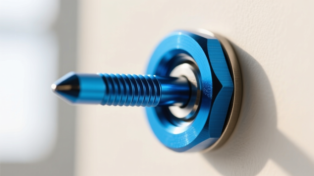Macro shot of a blue anodized titanium threadless pin in a 16-gauge flat back post, showing the secure bending mechanism