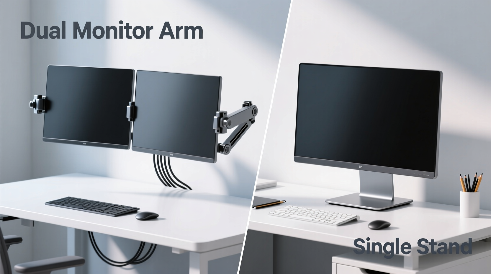 dual monitor arm vs single stand which maximizes desk space