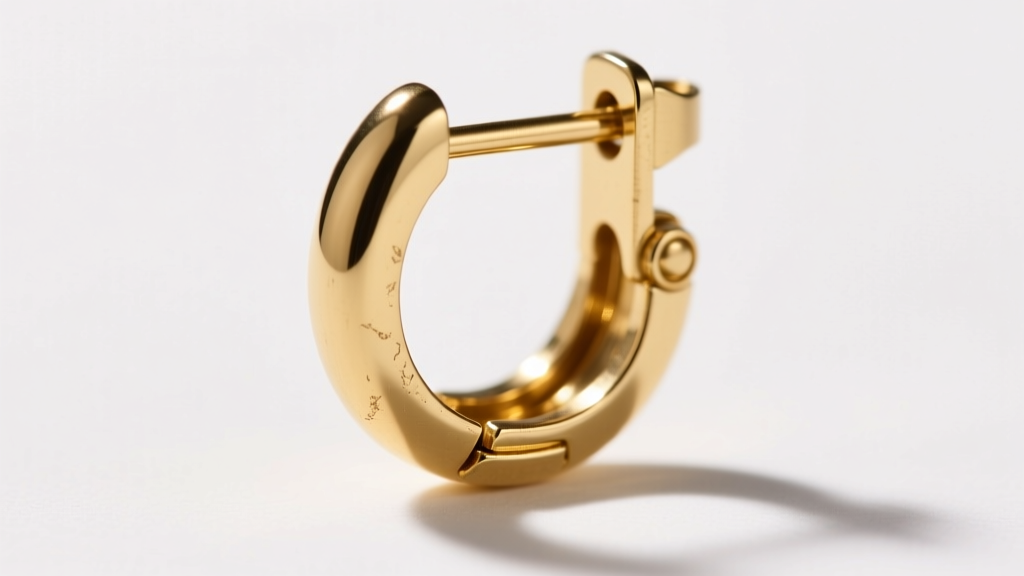Macro view of a leverback earring closure in 14k gold, showing the mechanical hinge and locking latch mechanism in sharp focus.