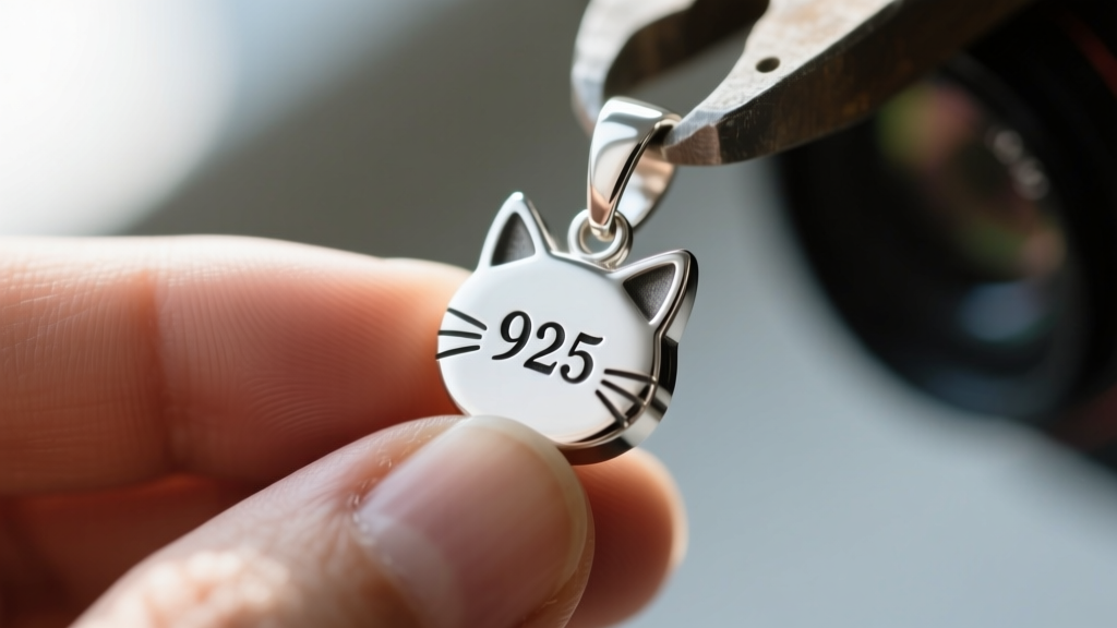 Macro shot of a silver cat pendant bail showing a laser-engraved 925 hallmark stamp, with a jeweler