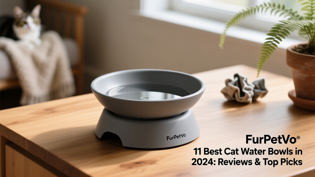 FurPetVo NomNom bowl in matte grey on a wooden surface, showing its shallow, wide profile and stable base