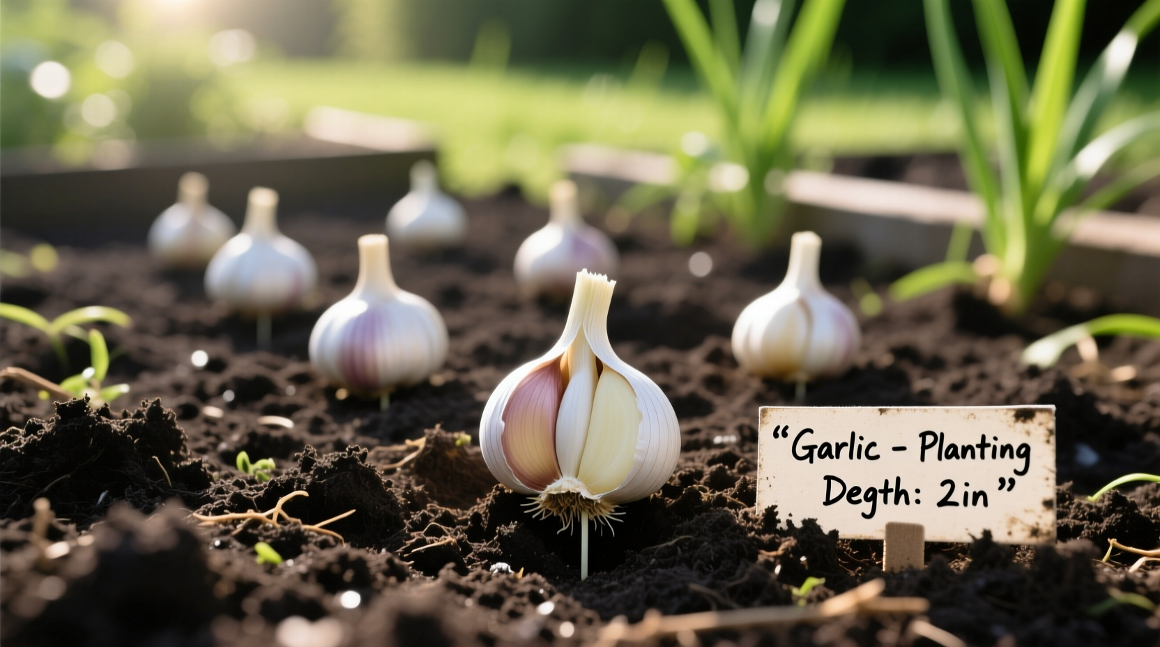 Garlic cloves planted at proper depth in garden soil