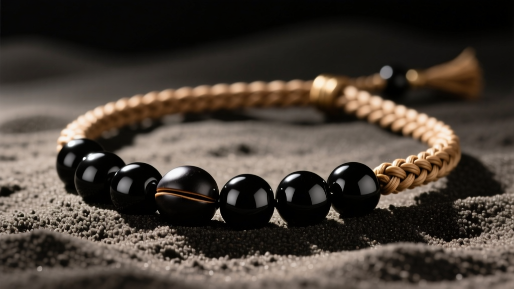 Glossy black kukui nut necklace on dark sand, showing smooth beads and a braided cord under soft, warm studio lighting.