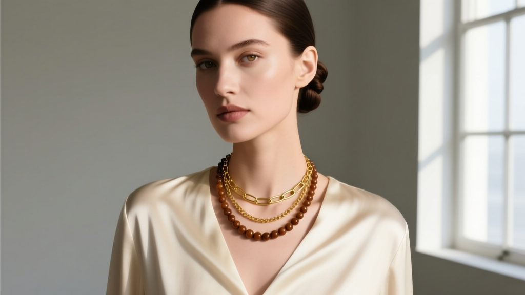 Editorial portrait of a model wearing a layered trade bead necklace with a 14k gold paperclip chain over a cream silk blouse.