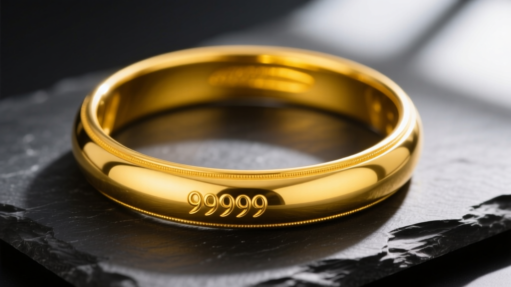 Close-up of a thick 9999 pure gold bridal bangle on dark slate, highlighting its deep yellow luster and soft, unworn edges.