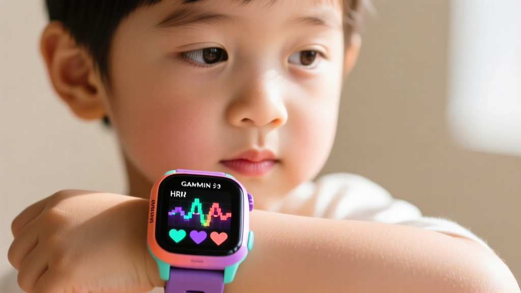 Close-up of a child wearing a colorful Garmin vivojr 3 smartwatch displaying emotional regulation breathing exercises and heart rate variability metrics.