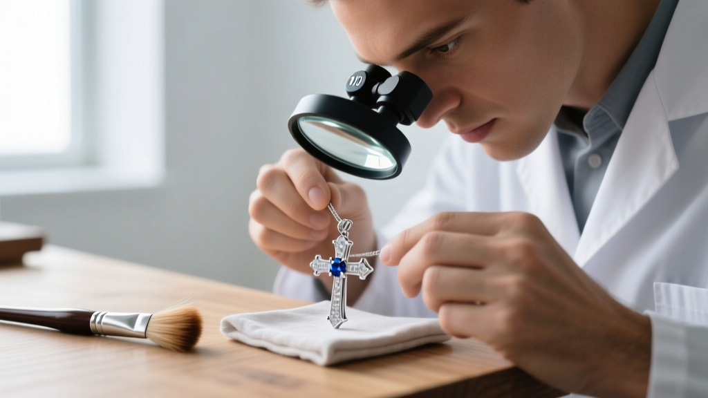 Jeweler using a 10x loupe to inspect prongs on a platinum sapphire cross pendant, with a horsehair brush resting on microfiber