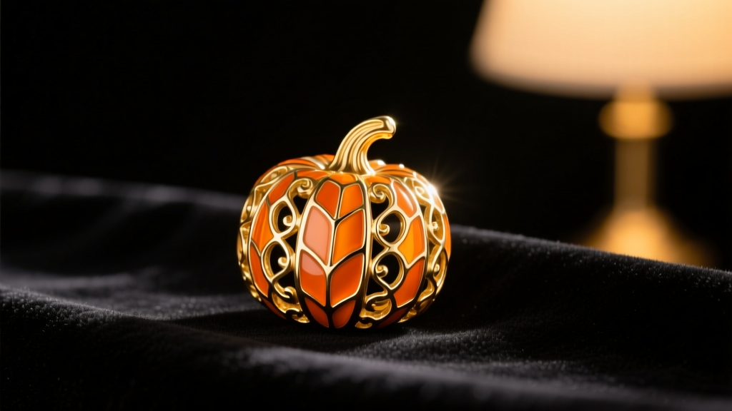 Macro shot of a vintage gold and orange guilloché enamel pumpkin earring on dark velvet, illuminated by a warm desk lamp