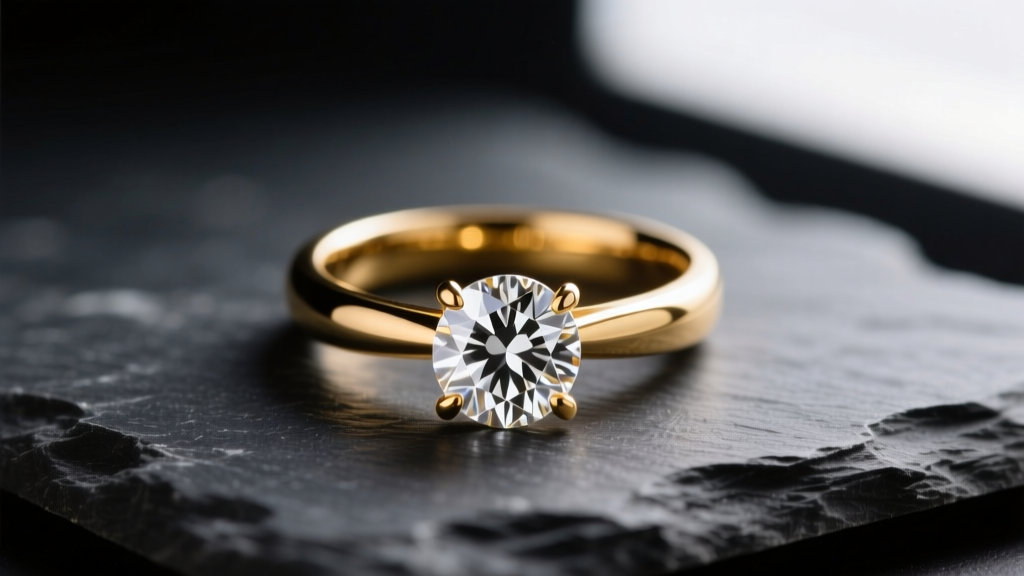 Macro shot of 14k gold diamond ring on dark slate, lit by soft light highlighting precise metal reflections and clear stone facets.